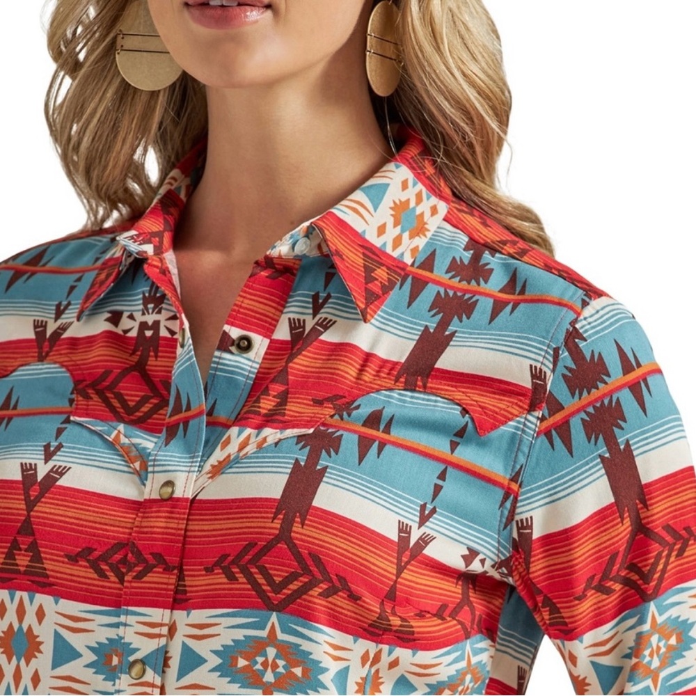 Wrangler Retro Teal Red Brown Southwest Aztec Pearl Snap Western Shirt, Size S - Picture 2 of 15